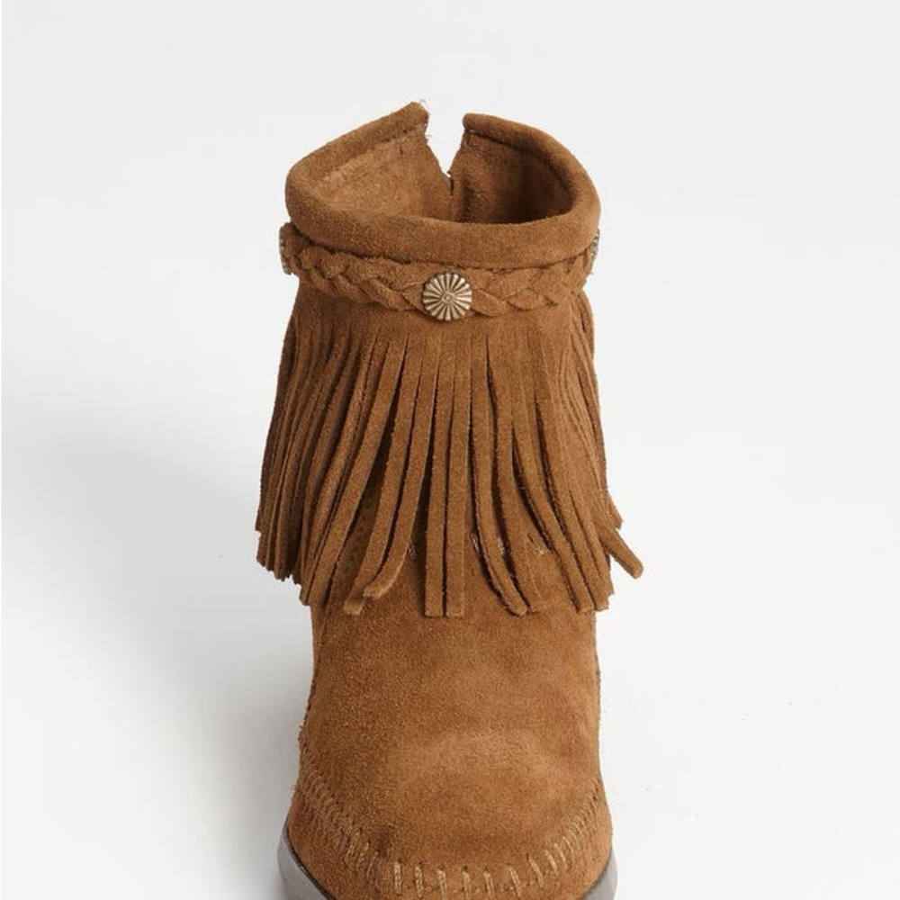 Minnetonka Brown Suede Fringe Bootie Moccasins - Picture 4 of 17